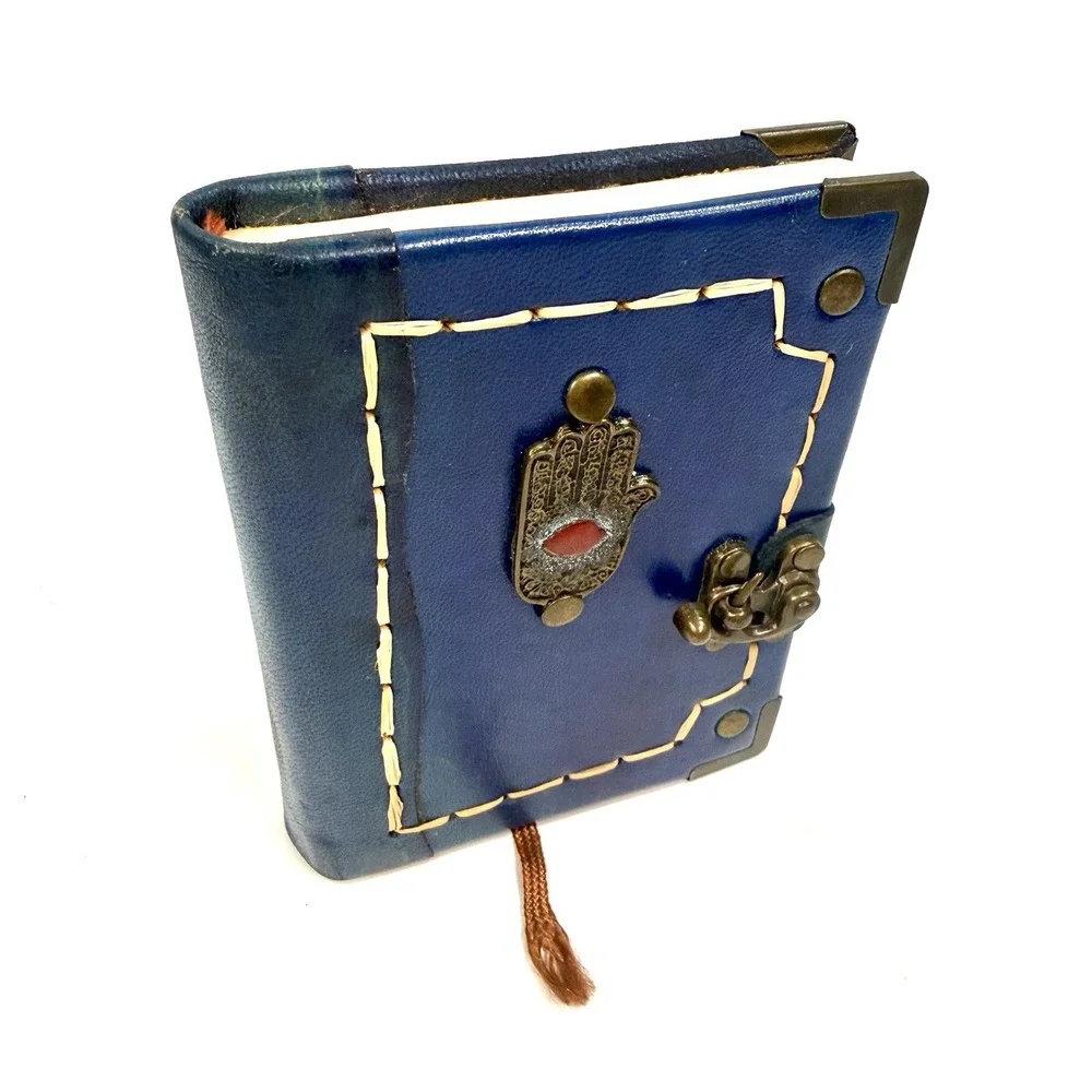 Vintage Handmade Leather Journal Hamsa Evil Eye Locking Blank Notebook Blue 6.5